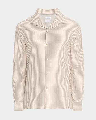 Brunello Cucinelli Men's Stripe Cabana-collar Casual Button-down Shirt In Brown