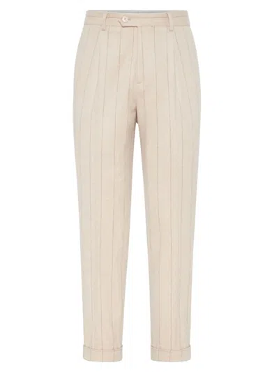 Brunello Cucinelli Men's Stripe Combed Flannel Leisure Fit Trousers With Pleats In Sand