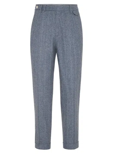 Brunello Cucinelli Men's Stripe Flannel Leisure Fit Trousers With Double Pleats In Azure