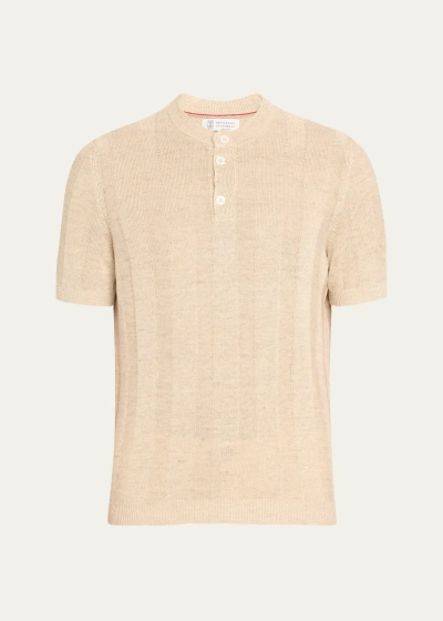 Brunello Cucinelli Men's Stripe Knit Henley Polo Sweater In Pink