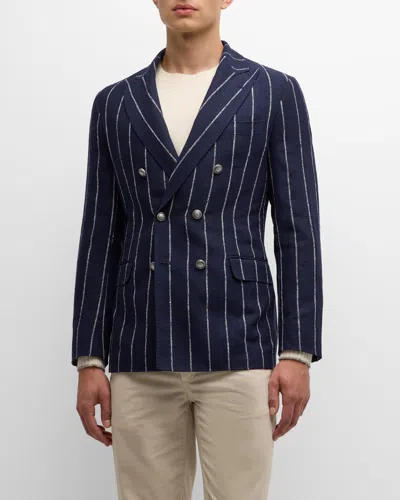Brunello Cucinelli Men's Striped Double Breasted Linen Sport Jacket In Navy/panama