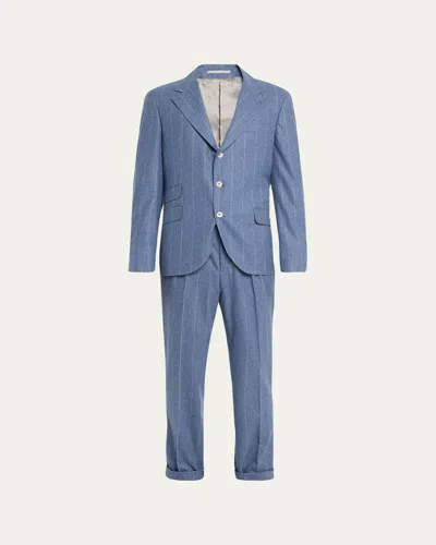 Brunello Cucinelli Men's Striped Light Flannel Suit In Denim Blue
