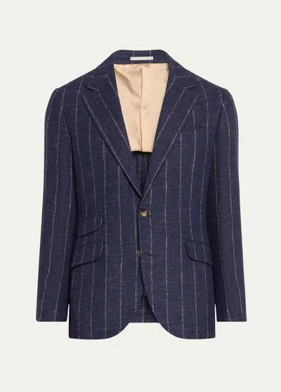 Brunello Cucinelli Men's Striped Linen-blend Suit In C019-navy Brown