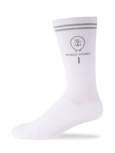 Brunello Cucinelli Men's Striped Logo Crew Socks In White