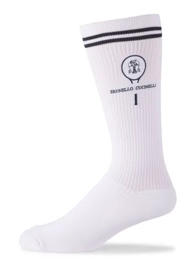 Brunello Cucinelli Men's Striped Logo Crew Socks In White