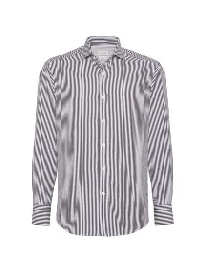 Brunello Cucinelli Men's Striped Poplin Slim Fit Shirt With Spread Collar In Grey
