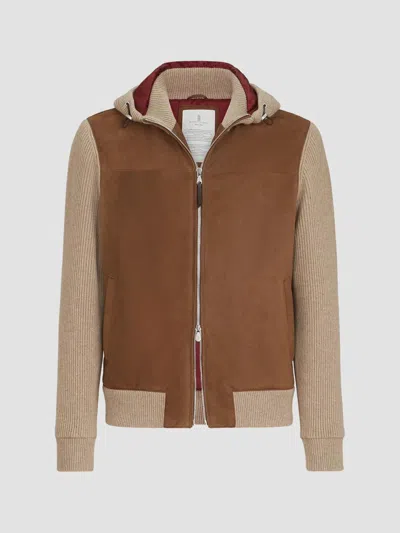 Brunello Cucinelli Hooded Suede And Wool-blend Bomber Jacket In Brown