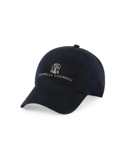 Brunello Cucinelli Logo-embroidered Suede Cap In Blue