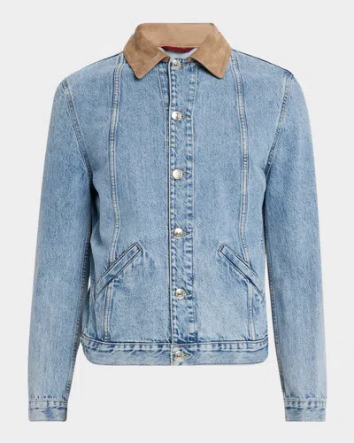 Brunello Cucinelli Men's Suede-collar Light Wash Denim Jacket In Blue