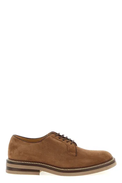 Brunello Cucinelli Suede Lace Up Shoes With Stacked Heel In Brown