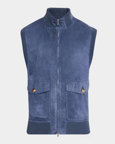 Brunello Cucinelli Men's Suede Full-zip Vest In Denim Blue