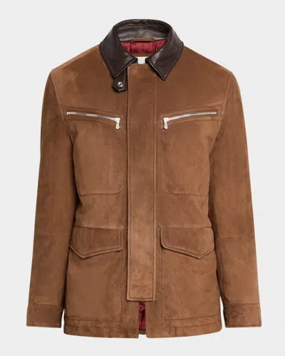 Brunello Cucinelli Men's Suede Leather-collar Full-zip Car Coat In Brown