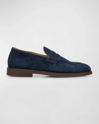 Brunello Cucinelli Men's Suede Penny Loafers In Dark Blue