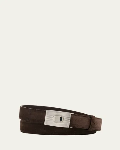 Brunello Cucinelli Men's Suede Rectangle-buckle Belt In Brown