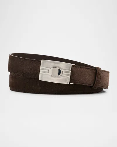 Brunello Cucinelli Men's Suede Rectangle-buckle Belt In Brown