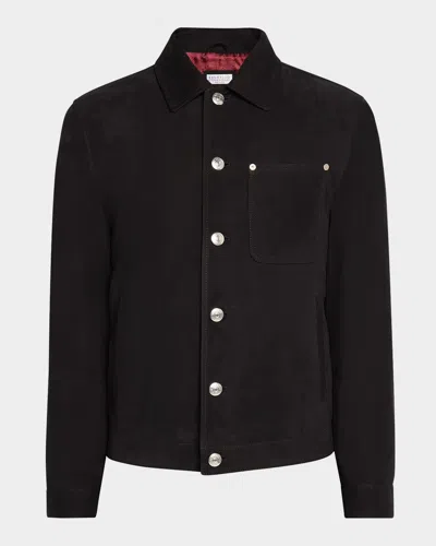 Brunello Cucinelli Men's Suede Shirt Jacket With Chest Pocket In Black