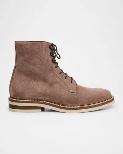 Brunello Cucinelli Men's Suede Two-tone Sole Lace-up Boots In Brown