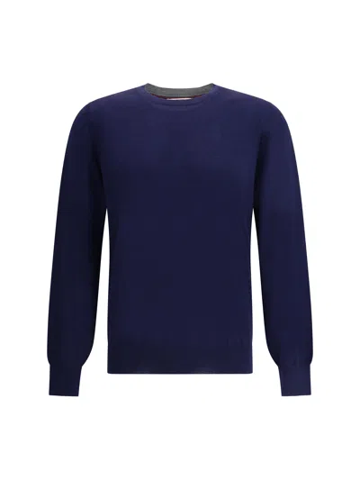Brunello Cucinelli Cashmere Crew Neck Sweater With Ribbed Finish In Blue