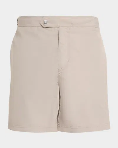 Brunello Cucinelli Men's Tabbed-waistband Nylon Swim Shorts With Piping In Neutral