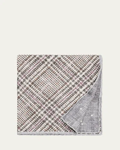 Brunello Cucinelli Men's Tartan Check Silk Pocket Square In Gray