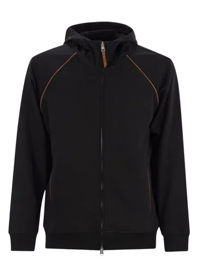 Brunello Cucinelli Men's Techno Cotton Fleece Topwear With Zip, Hood And Trim In Black
