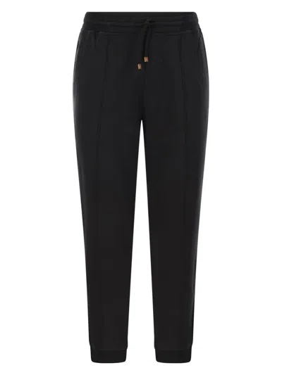 Brunello Cucinelli Men's Techno Cotton Fleece Trousers With Zip On Stretch Bottom, Crete And Piping In Black