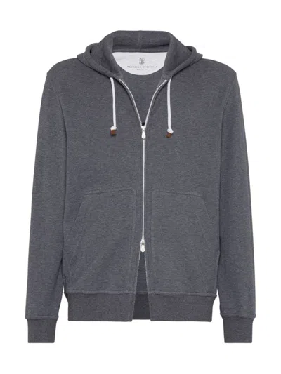 Brunello Cucinelli Men's Techno Cotton French Terry Hooded Sweatshirt With Zipper In Lead