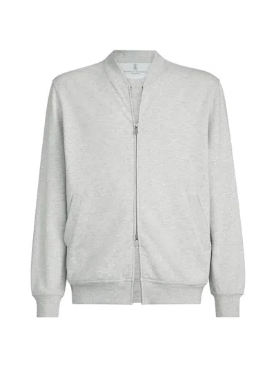 Brunello Cucinelli Men's Techno Cotton French Terry Sweatshirt With Zipper In Gray