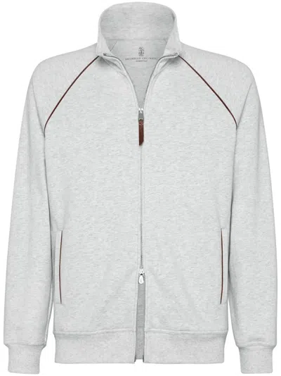 Brunello Cucinelli Men Techno Cotton French Terry Turtle-neck Sweatshirt With Zipper And Piping In Grey