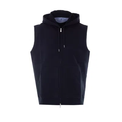 Brunello Cucinelli Men Techno Cotton Vest With Zip And Hood In Blue