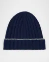 Brunello Cucinelli Men's Tipped Cashmere Rib Beanie Hat In Blue