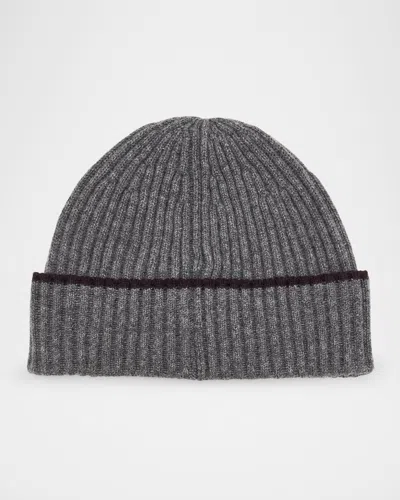Brunello Cucinelli Men's Tipped Cashmere Rib Beanie Hat In Gray
