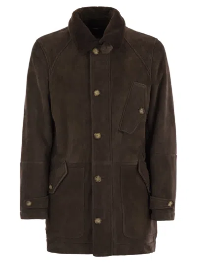 BRUNELLO CUCINELLI BRUNELLO CUCINELLI MEN TONE-ON-TONE SUEDE SHEARLING COAT