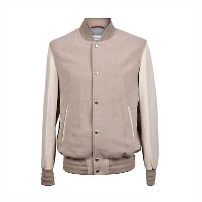 Pre-owned Brunello Cucinelli Men's Two Tone Cashmere-leather Blend Baseball Jacket Medium In Beige