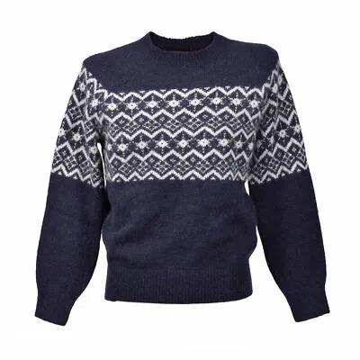 Pre-owned Brunello Cucinelli Men's Two Tone Crew Neck Navy Blue Sweater / Pullover In White