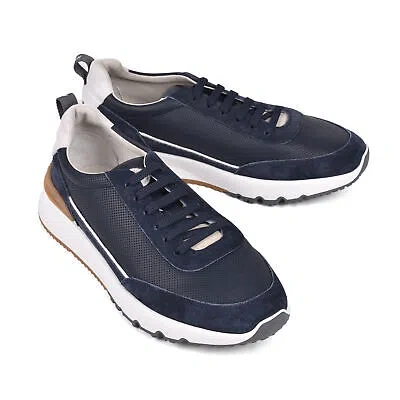 Pre-owned Brunello Cucinelli Men's Two Tone Leather Fashion Running Shoes In Blue
