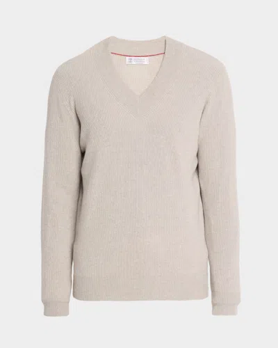 Brunello Cucinelli Men's V-neck Cashmere Rib Sweater In Neutral
