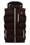 Brunello Cucinelli Velvet Padded Hooded Sleeveless Gilet In Brown
