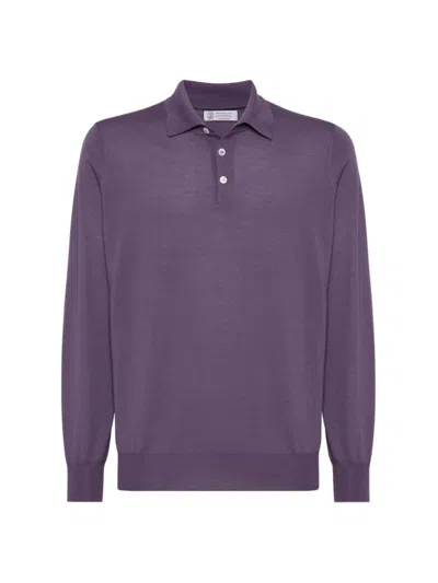 Brunello Cucinelli Men's Virgin Wool And Cashmere Polo Style Lightweight Jumper In Purple