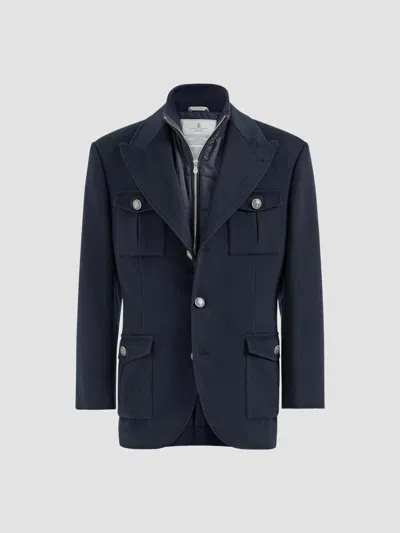 Brunello Cucinelli Men's Virgin Wool Beaver Cloth Outerwear Blazer With Thermore-padded Detachable Vest In Blue