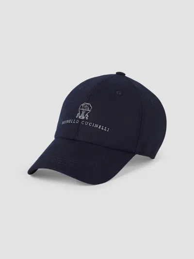 Brunello Cucinelli Men's Virgin Wool Flannel Baseball Cap With Embroidered Logo In Navy Blue