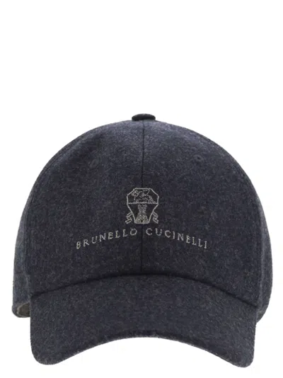 Brunello Cucinelli Men Virgin Wool Flannel Baseball Cap With Embroidery In Blue