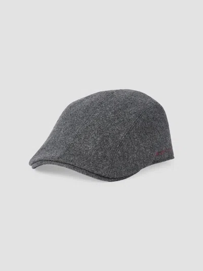 Brunello Cucinelli Virgin Wool Flannel Flat Cap With Embroidered Logo In Gray