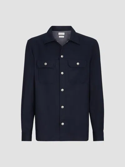 Brunello Cucinelli Virgin Wool Flannel Overshirt With Spread Collar And Chest Pockets In Blue