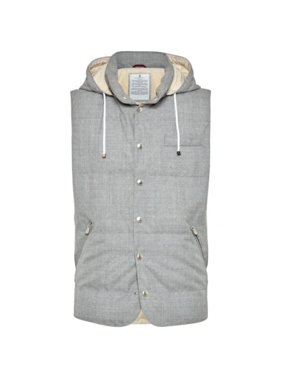 Brunello Cucinelli Men's Virgin Wool Fresco Lightweight Down Vest With Detachable Hood In Pearl Grey