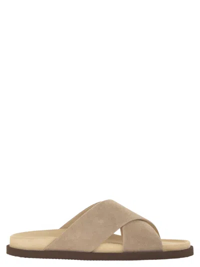 Brunello Cucinelli Crossover-straps Suede Sandals In Multi