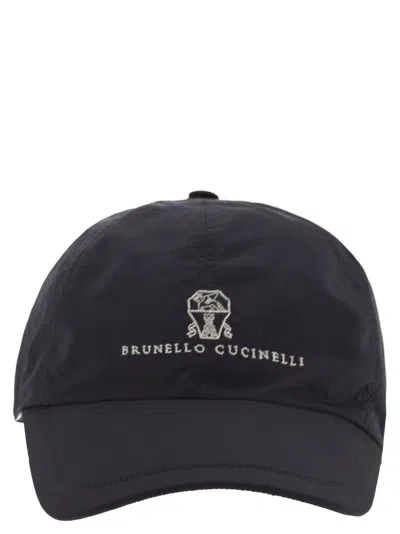 Brunello Cucinelli Men Water-repellent Microfibre Baseball Cap With Embroidered Logo In Blue