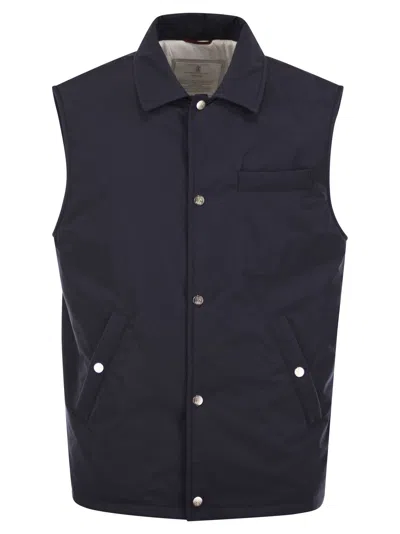 Brunello Cucinelli Men Water-repellent Microfibre Sleeveless Jacket In Blue