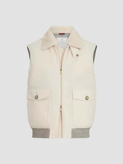 Brunello Cucinelli Waxed Techno Cotton Down Vest With Detachable Shearling Collar In Neutral