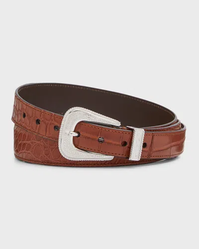 Brunello Cucinelli Men's Western Buckle Croc Leather Belt In Brown